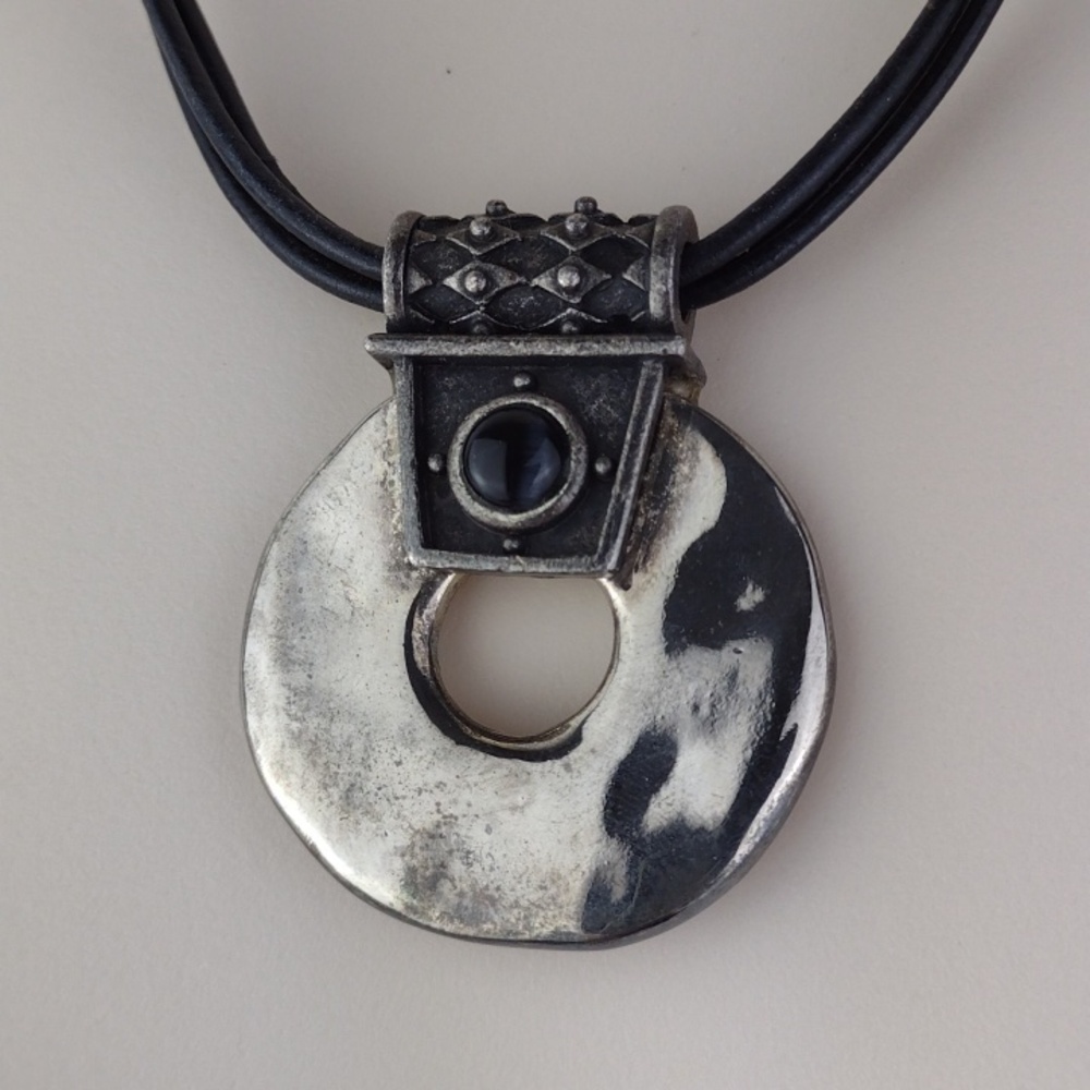 Chico's Black Leather Cord Mixed Metal Silver Bronze & Black Pendant Necklace